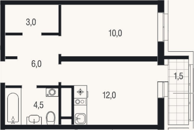 Планировка: 1-к, 35,5 м²