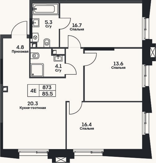 Планировка: 4+ к, 85,5 м²