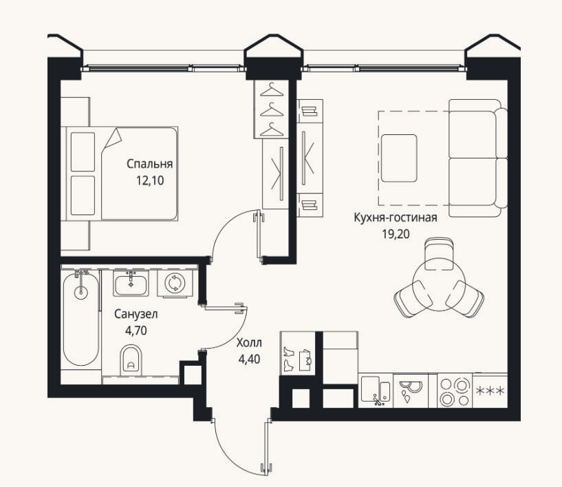 Планировка: 2-к, 40,4 м²