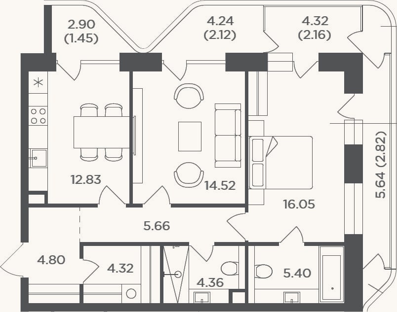 Планировка: 2-к, 67,9 м²
