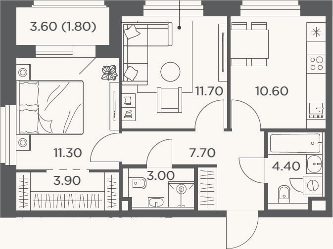 Планировка: 2-к, 52,6 м²