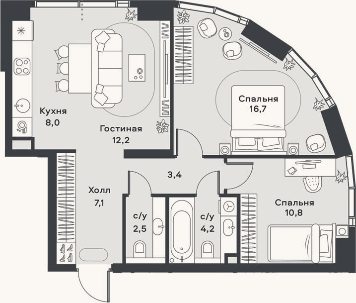 Планировка: 3-к, 64,9 м²