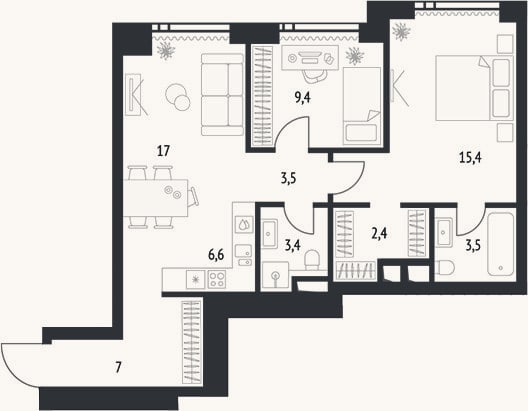 Планировка: 3-к, 68,7 м²
