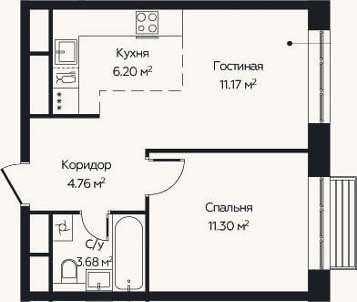 Планировка: 2-к, 37,1 м²