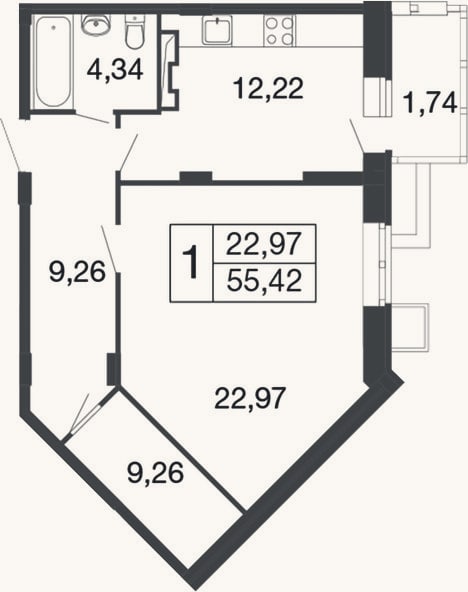 Планировка: 1-к, 53,7 м²