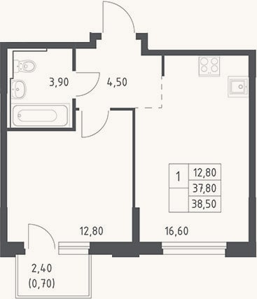Планировка: 2-к, 37,8 м²