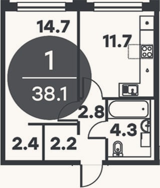 Планировка: 1-к, 38,1 м²