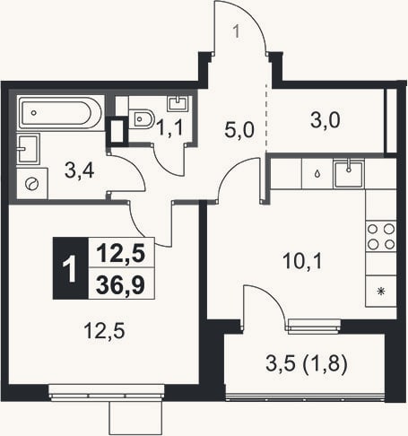 Планировка: 1-к, 35,1 м²