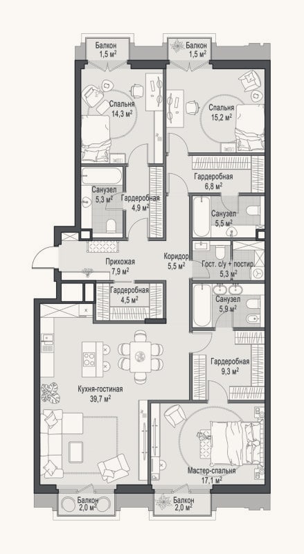 Планировка: 4+ к, 149,2 м²