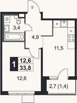 Планировка: 1-к, 32,4 м²