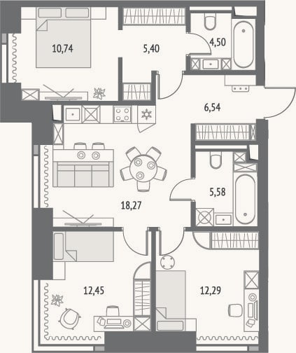 Планировка: 4+ к, 76,8 м²