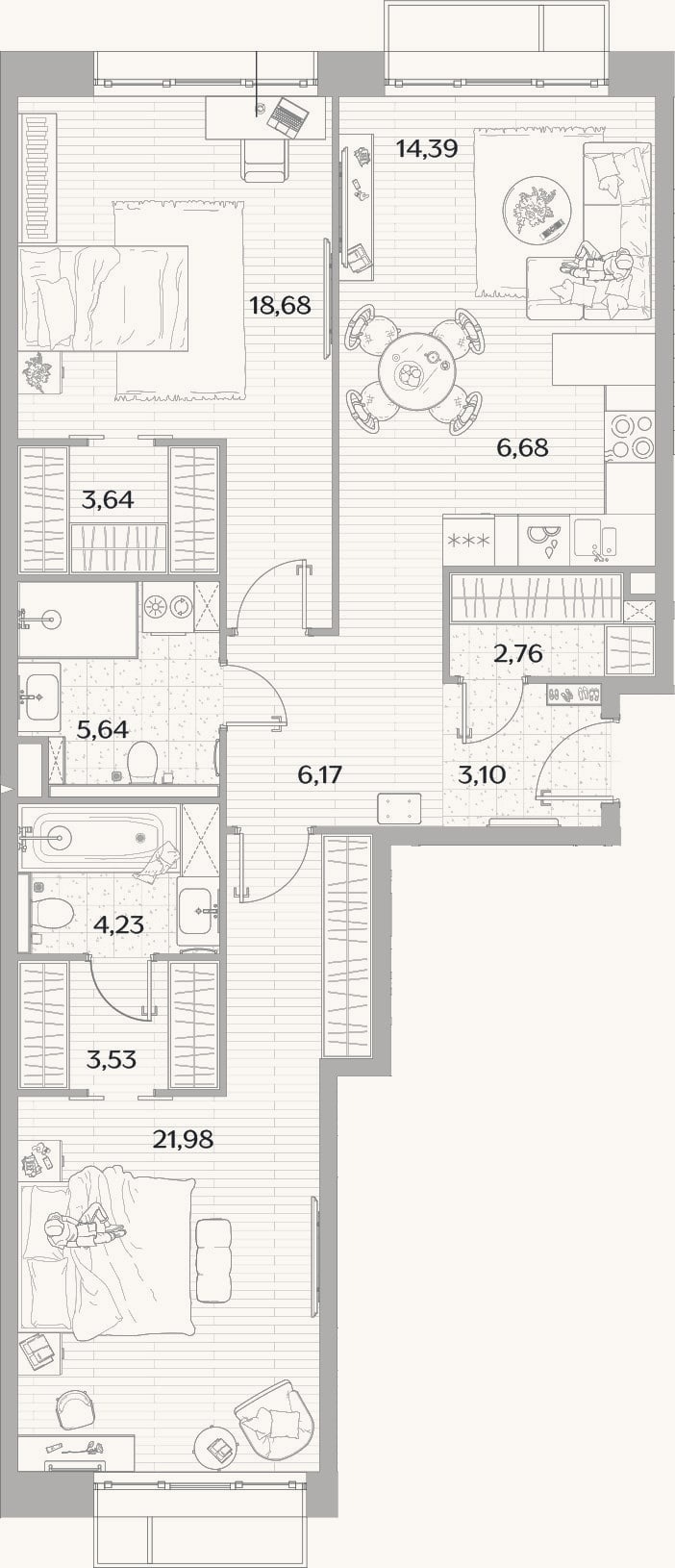 Планировка: 3-к, 90,8 м²