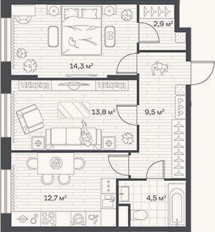 Планировка: 2-к, 57,7 м²
