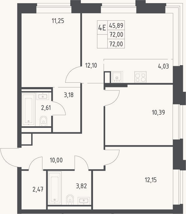 Планировка: 4+ к, 72 м²