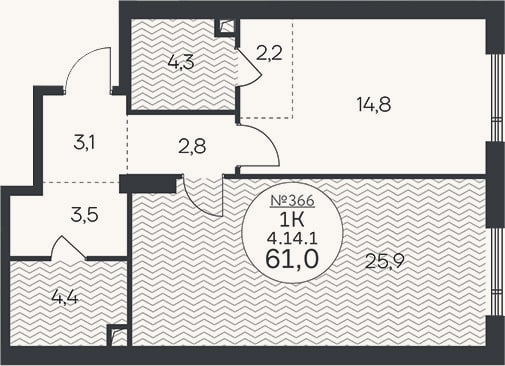 Планировка: 1-к, 61 м²