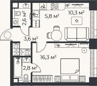 Планировка: 2-к, 41,5 м²