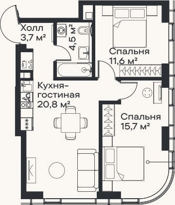 Планировка: 3-к, 56,3 м²