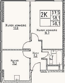 Планировка: 2-к, 58,1 м²