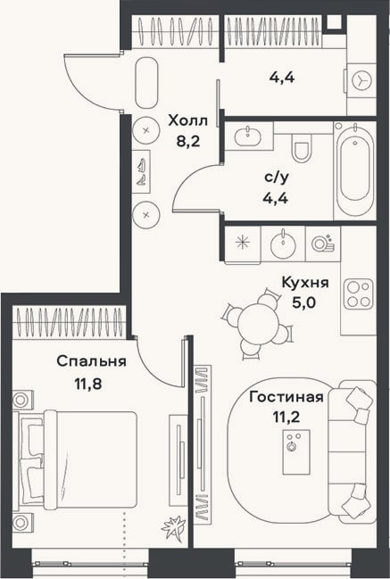 Планировка: 2-к, 45 м²