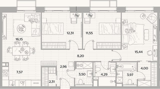 Планировка: 4+ к, 92,3 м²