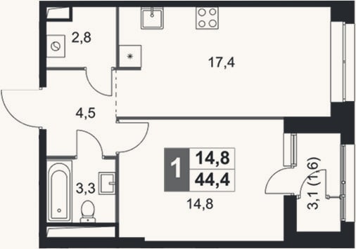 Планировка: 2-к, 42,8 м²