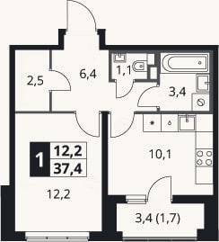 Планировка: 1-к, 35,7 м²