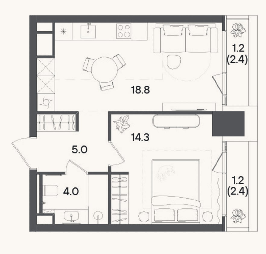 Планировка: 2-к, 40,8 м²
