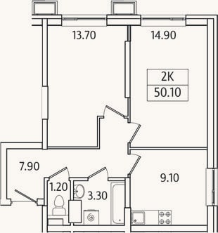 Планировка: 2-к, 50,1 м²
