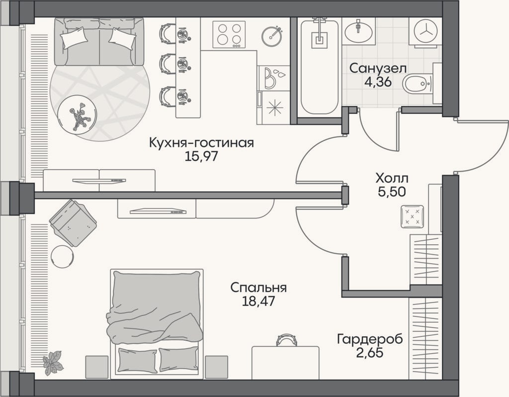 Планировка: 2-к, 46,1 м²