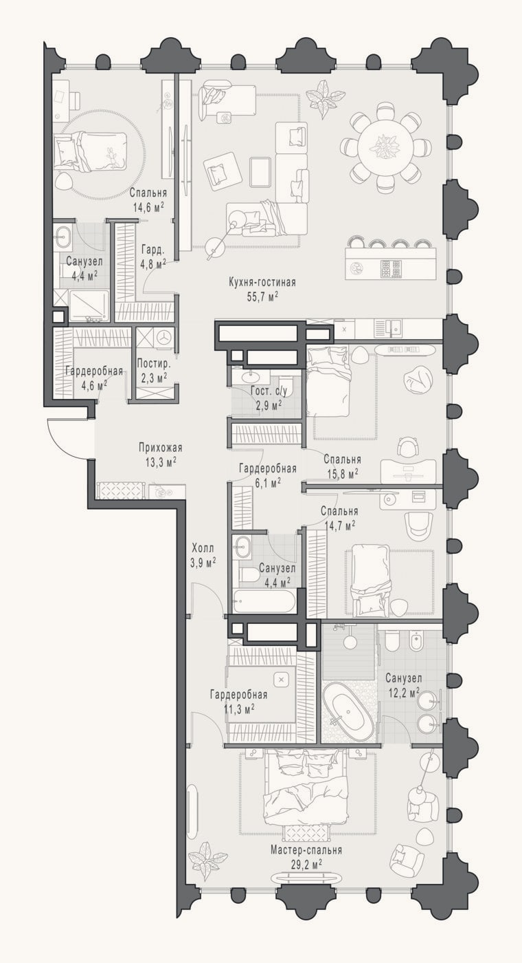 Планировка: 4+ к, 199,4 м²