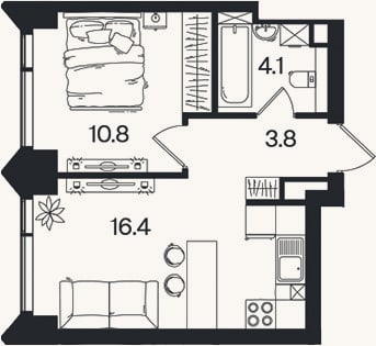 Планировка: 2-к, 35,1 м²