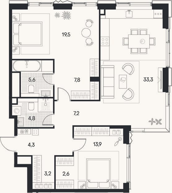 Планировка: 3-к, 102,2 м²