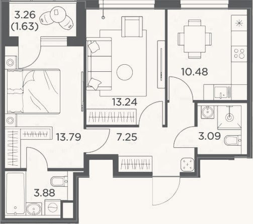 Планировка: 2-к, 51,7 м²
