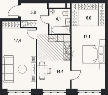 Планировка: 2-к, 64,8 м²