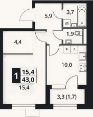 Планировка: 1-к, 41,3 м²