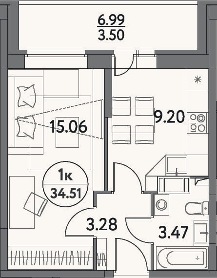 Планировка: 1-к, 31 м²