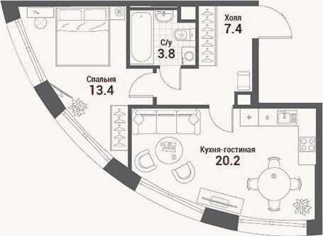 Планировка: 2-к, 44,8 м²