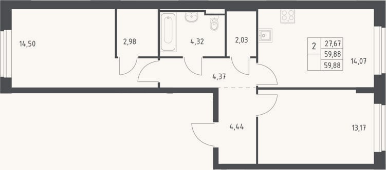 Планировка: 2-к, 59,9 м²