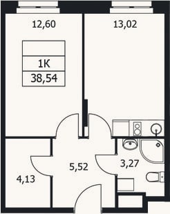Планировка: 1-к, 38,5 м²
