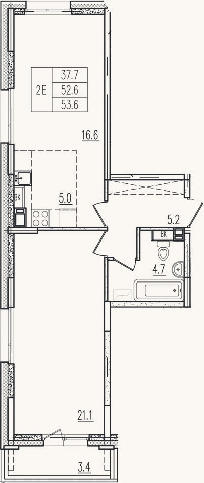 Планировка: 2-к, 52,5 м²