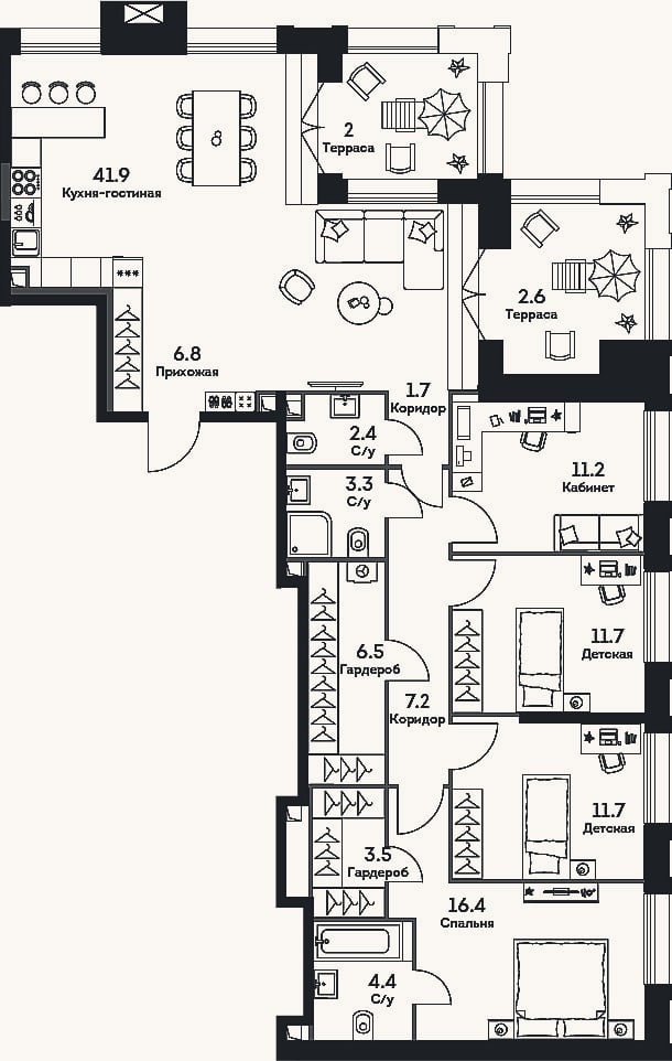 Планировка: 4+ к, 129,7 м²