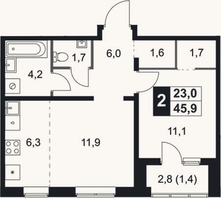 Планировка: 2-к, 44,5 м²