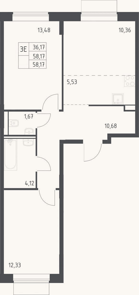 Планировка: 3-к, 58,2 м²