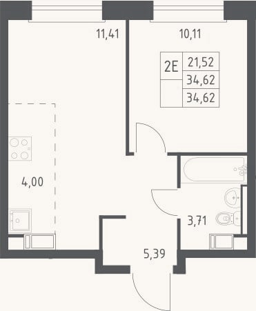 Планировка: 2-к, 34,6 м²
