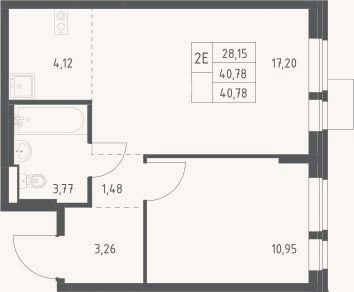 Планировка: 2-к, 40,8 м²