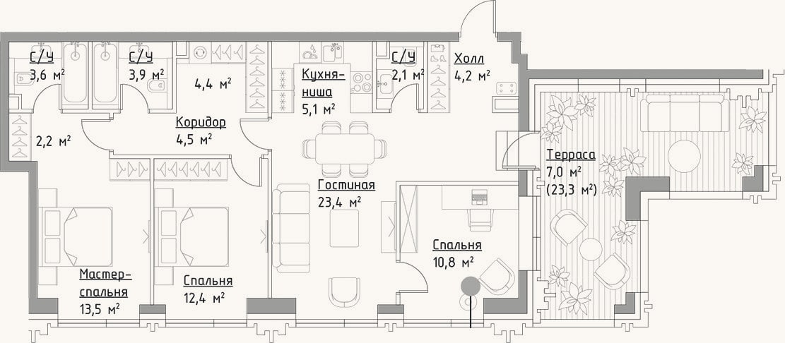 Планировка: 4+ к, 90,1 м²