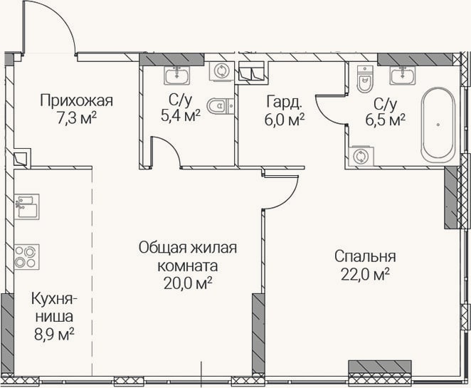 Планировка: 2-к, 76,1 м²