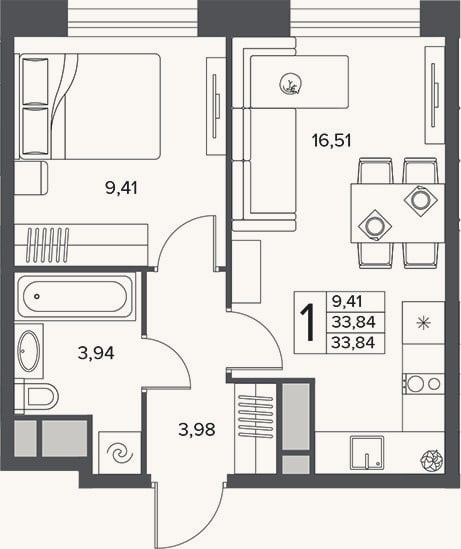Планировка: 2-к, 33,8 м²
