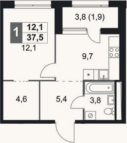Планировка: 1-к, 35,6 м²