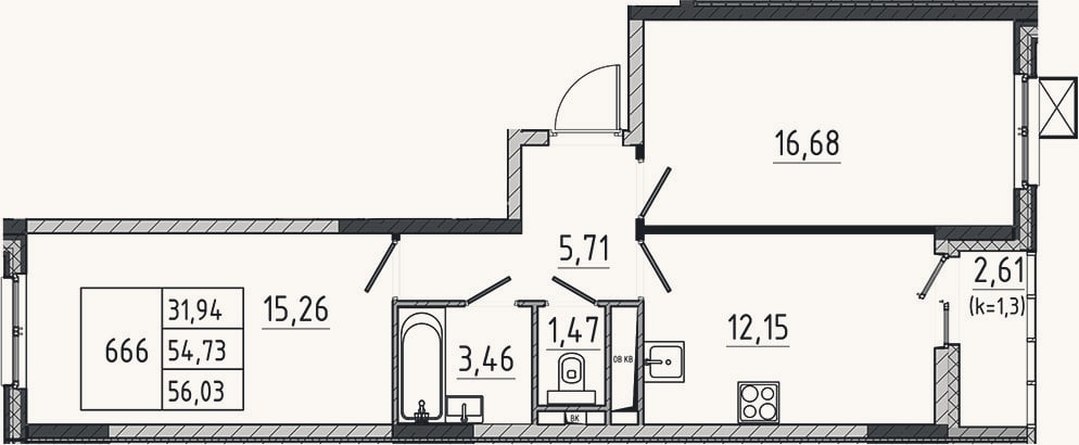 Планировка: 2-к, 54,7 м²